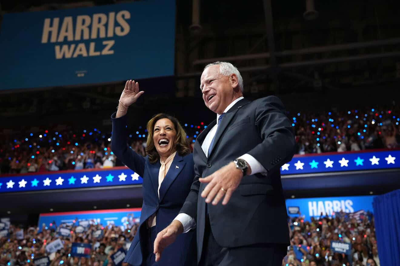 Democratic presidential candidate, U.S. Vice President Kamala Harris and Democratic vice presidential candidate Minnesota Gov. Tim Walz appear on stage together during a campaign event at the Liacouras Center at Temple University on Aug 6, 2024 in Philadelphia, Pennsylvania. Harris ended weeks of speculation about who her running mate would be, selecting the 60 year old midwestern governor over other candidates. Photo by Andrew Harnik/Getty Images.