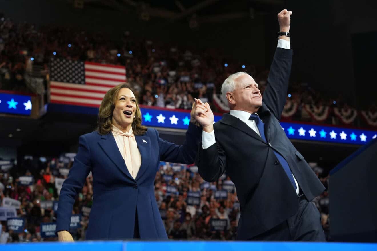 Democratic presidential candidate Vice President Kamala Harris and Democratic vice presidential candidate Minnesota Gov. Tim Walz greet supporters during a campaign event in Philadelphia, Pennsylvania on Aug. 6, 2024. Photo by Andrew Harnik/Getty Images.
