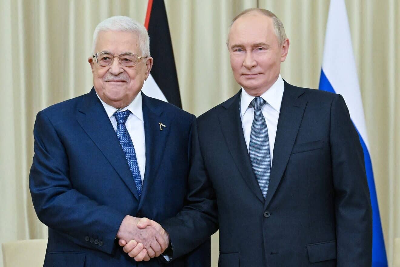 Palestinian Authority chief Mahmud Abbas meets with Russian President Vladimir Putin in Novo-Ogaryovo, outside Moscow, on Aug. 13, 2024. Photo by Alexey Maishev/Sputnik/POOL via AFP and Getty Images.