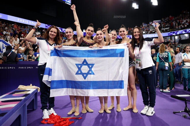 Silver medalists Team Israel celebrates after comping in the rhythmic gymnastics group all-around final on Aug. 10, 2024 in Paris, France. Photo by Jamie Squire/Getty Images.