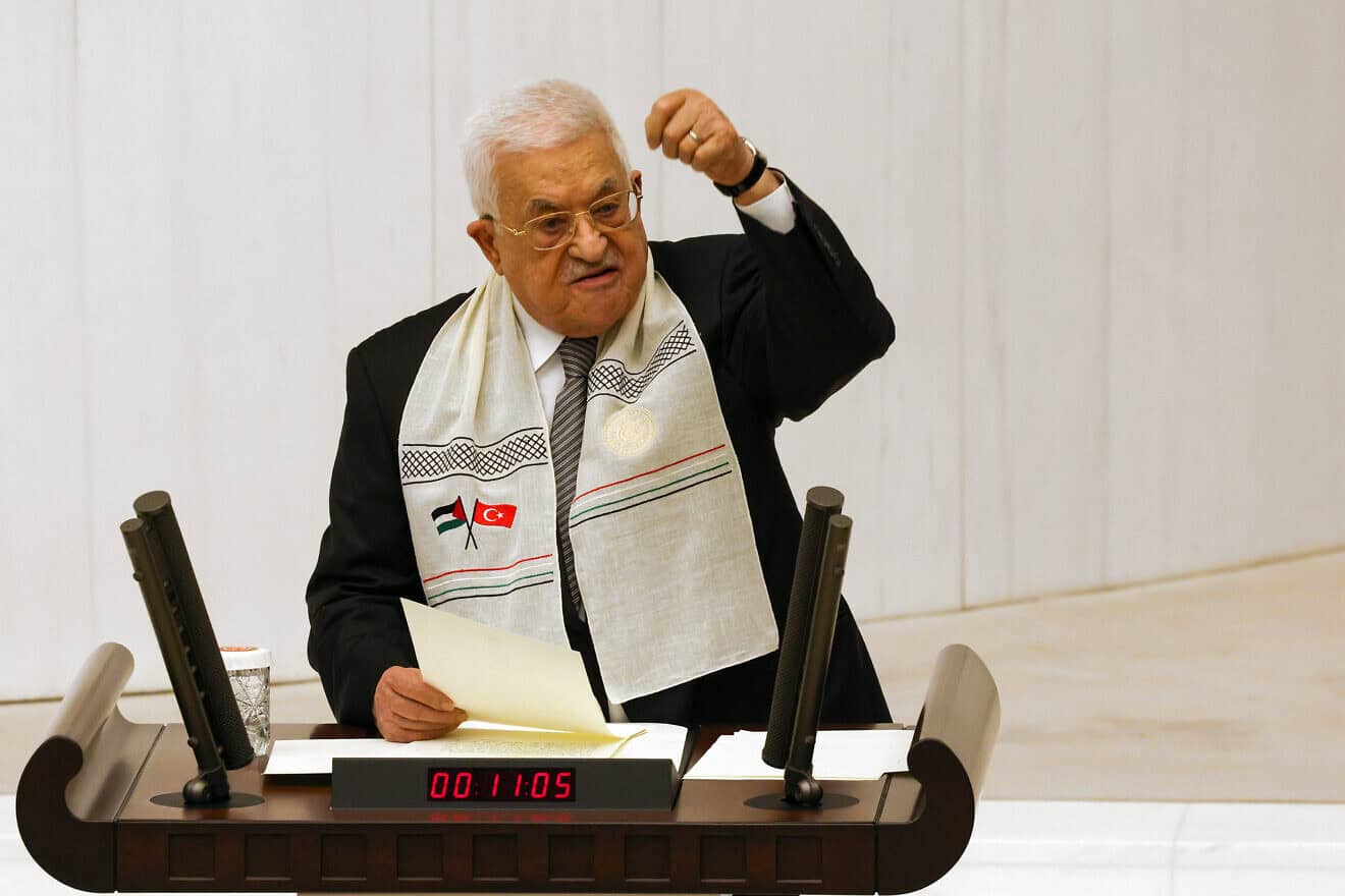 Palestinian Authority chief Mahmoud Abbas addresses the Turkish parliament in Ankara, Aug. 15, 2024. Photo by Serdar Ozsoy/Getty Images.