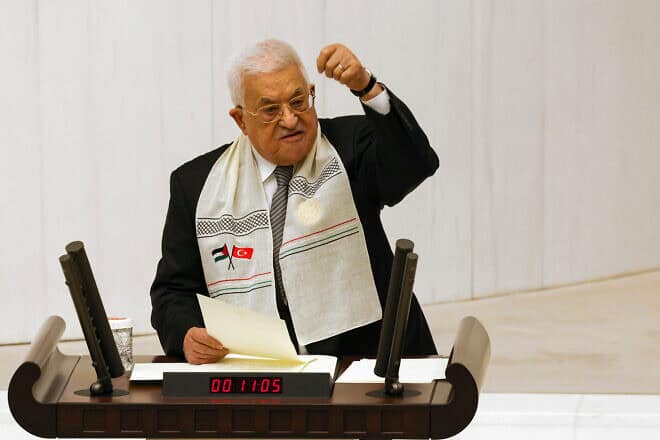 Palestinian Authority chief Mahmoud Abbas addresses the Turkish parliament in Ankara, Aug. 15, 2024. Photo by Serdar Ozsoy/Getty Images.