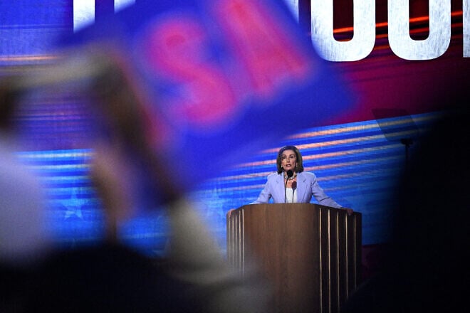Former House speaker Nancy Pelosi (D-Calif.) speaking on the third day of the Democratic National Convention at the United Center in Chicago on Aug. 21, 2024. Photo by Alex Wroblewski/AFP via Getty Images.