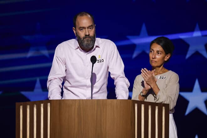 Jonathan Polin and Rachel Goldberg-Polin, the parents of Israeli-American hostage Hersh Goldberg-Polin, 23, speak on stage during the third day of the Democratic National Convention at the United Center in Chicago on Aug. 21, 2024. Photo by Chip Somodevilla/Getty Images.