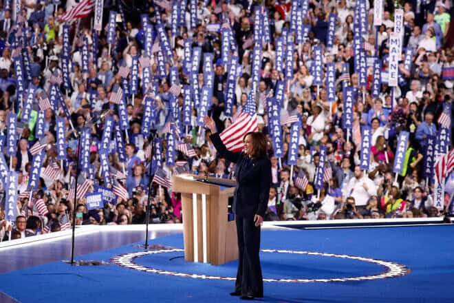U.S. Vice President Kamala Harris celebrates after accepting the Democratic presidential nomination on the final day of the Democratic National Convention at the United Center in Chicago on Aug. 22, 2024. Photo by Kevin Dietsch/Getty Images.