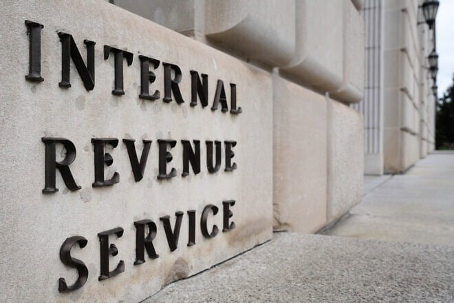 A sign marking the front entrance to the Internal Revenue Service (IRS) headquarters building in Washington, D.C., on Jan. 30, 2024. Photo by J. David Ake/Getty Images.