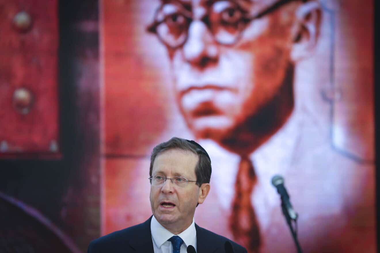 Israeli President Isaac Herzog at a a memorial ceremony for Zionist leader Ze'ev Jabotinsky at Mount Herzl in Jerusalem on July 8, 2021. Photo by Jonatan Sindel/Flash90.