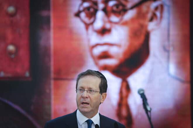 Israeli President Isaac Herzog at a a memorial ceremony for Zionist leader Ze'ev Jabotinsky at Mount Herzl in Jerusalem on July 8, 2021. Photo by Jonatan Sindel/Flash90.
