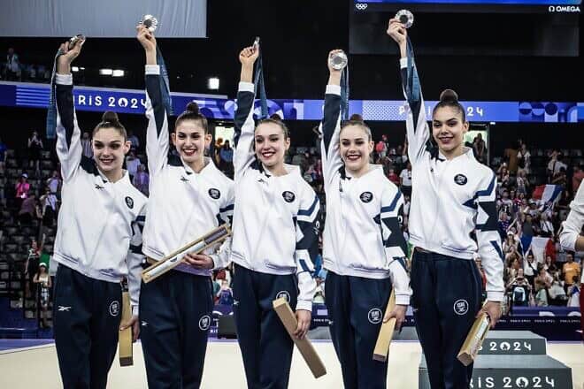 Israel’s Rhythmic Gymnastics team members celebrate their silver medal performance at the Group All-Around final in Paris, Aug. 21, 2024. Credit: Olympic Committee of Israel.