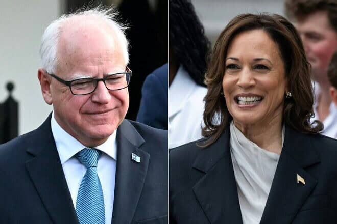 U.S. Vice President Kamala Harris in Washington, D.C., on July 22, 2024; and Minnesota Gov. Tim Walz, also in Washington on July 3, 2024. Harris picked Walz as her running mate on Aug. 6, 2024. Photos by Jim Watson and Chris Kleponis/AFP via Getty Images.