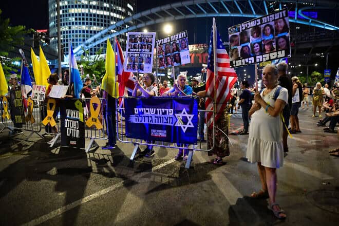 Israelis protest outside the Kirya military headquarters in Tel Aviv, demanding the release of the hostages held in the Gaza Strip, Aug. 13, 2024. Photo by Avshalom Sassoni/Flash90.
