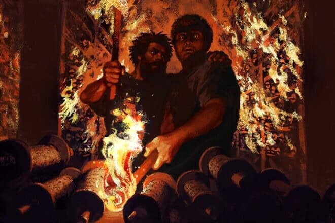 A scene from the film “Legend of Destruction.” Credit: Art by David Polonsky and Michael Faust.