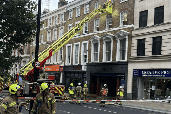 Firefighters battled an early-morning blaze at Reuben’s Deli & Restaurant in the Marylebone section of the London, the second such fire in six months, Aug. 9, 2024. Source: London Fire Brigade/X.