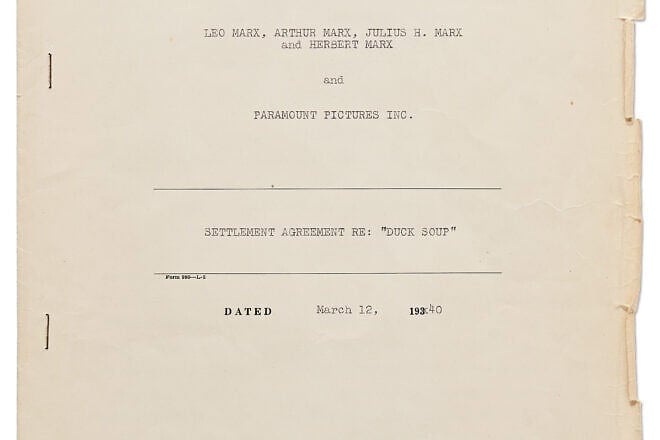 The cover page of the contract for the film “Duck Soup,” signed by all four Marx brothers. Credit: Courtesy.