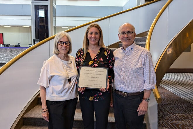 (From left) Stanlee Stahl, executive vice president of the Jewish Foundation for the Righteous; teacher Mary Ellen Richichi; and Dr. Steven Field, president and chairman of JFR. Credit: Jewish Foundation for the Righteous.