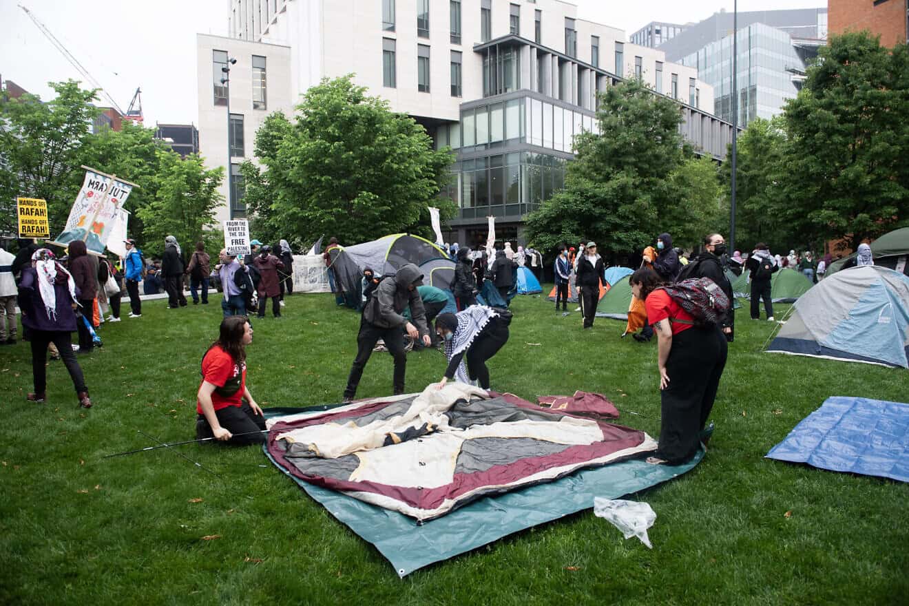 Pro-Palestinian protesters set up an encampment at Drexel University in Philadelphia as they rally to mark the anniversary of the “nakba” (“catastrophe”) of the modern-day State of Israel, May 18, 2024. Photo by Matthew Hatcher/AFP via Getty Images.