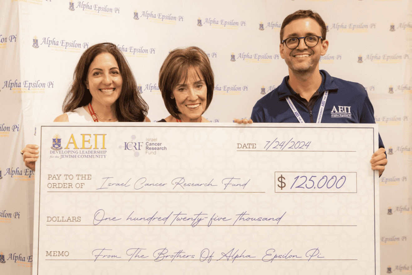 AEPi presents a check to the Israel Cancer Research Fund during its 111th annual convention in Miami from July 24-28, 2024. Source: Screenshot/AEPi Facebook.