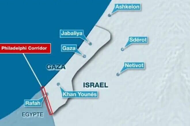 The location of the Philadelphi Corridor on Gaza's border with Egypt. Credit: Hamzé Attar/X.