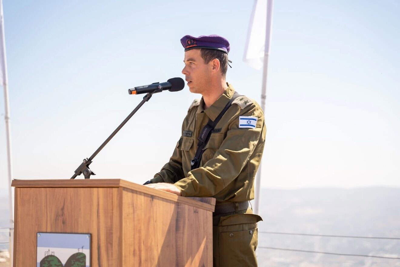 Israel Defense Forces Samaria Regional Brigade Commander Col. Ariel Gonen speaks during a handover ceremony held on Mount Gerizim, near Nablus (Shechem) in Samaria, Aug. 21, 2024. Credit: IDF.