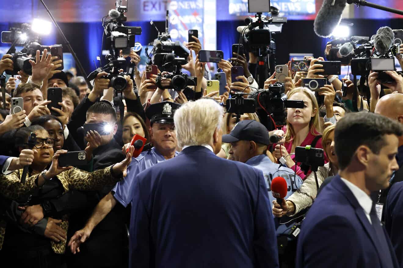 Republican presidential nominee, former President Donald Trump, speaks to reporters in the spin room after debating Democratic presidential nominee, U.S. Vice President Kamala Harris, at the Pennsylvania Convention Center on Sept. 10, 2024 in Philadelphia. Photo by Kevin Dietsch/Getty Images.