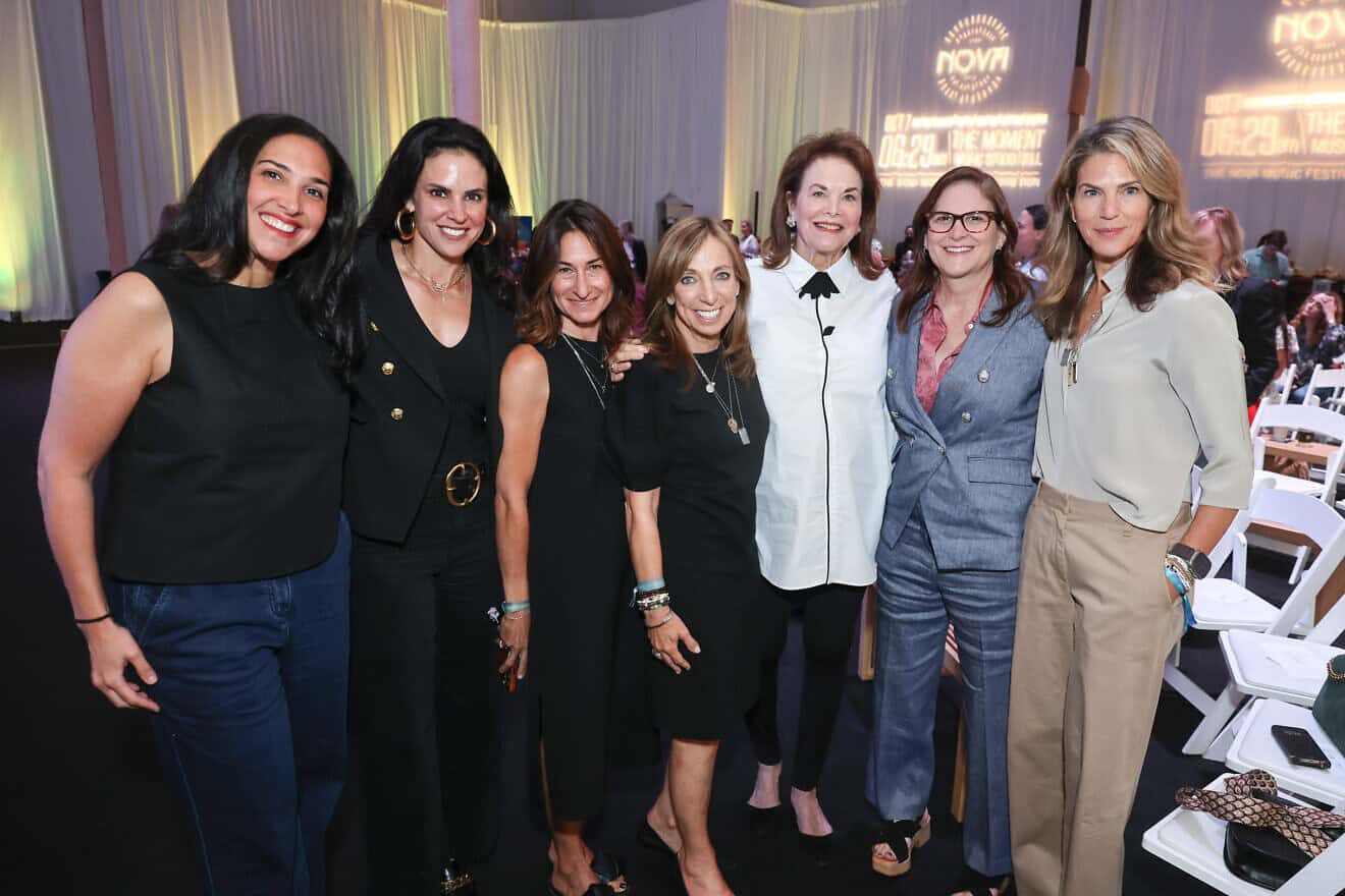 (From left) Alana Newhouse, Rebecca Mall, Deborah Marcus, Dr. Marcy Gringlas, Sherry Lansing, Dana Goldberg and Lynn Harris attend an I Believe Israeli Women tour and panel discussion at the Nova Exhibition in California, on Sept. 17, 2024. Photo by Randy Shropshire/Getty Images for I Believe Israeli Women.