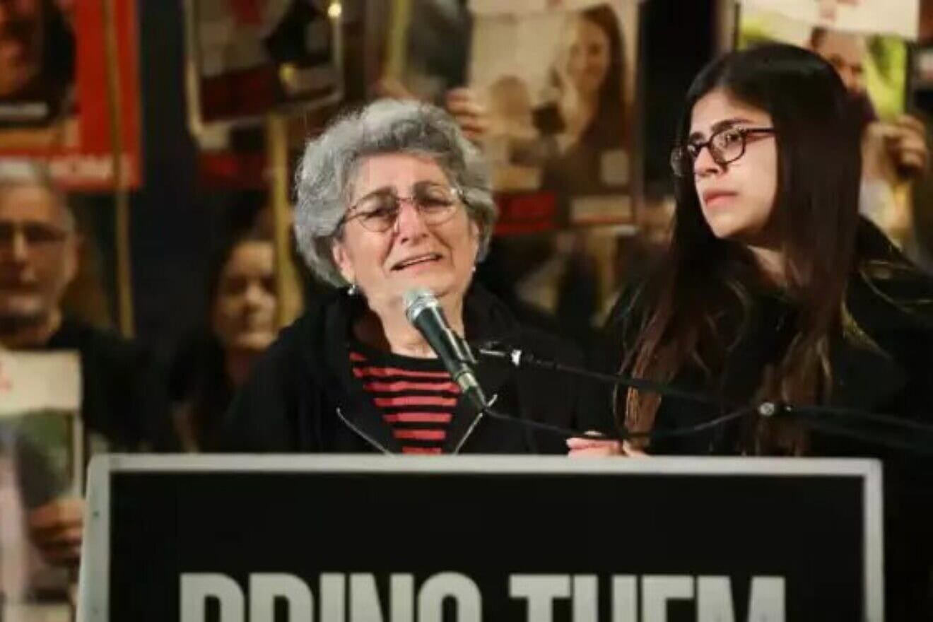 Released hostage Adina Moshe addresses a rally in Tel Aviv's "Hostage Square." Photo by Gideon Markowicz.