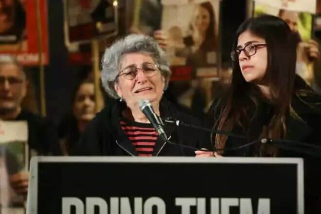 Released hostage Adina Moshe addresses a rally in Tel Aviv's "Hostage Square." Photo by Gideon Markowicz.