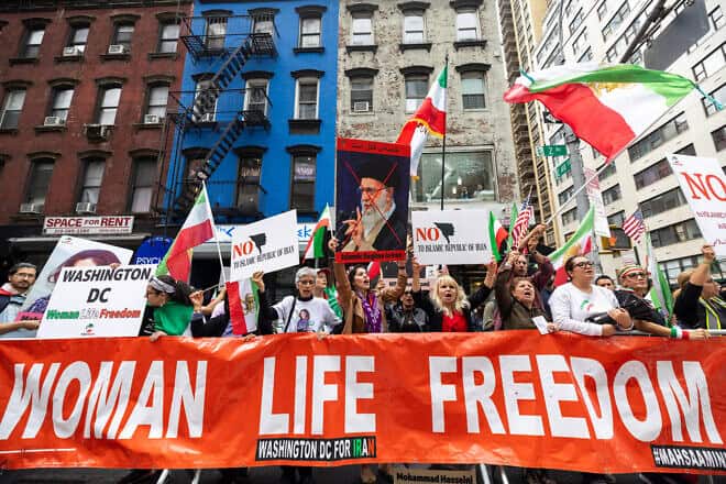 Iranian opposition activists gather outside the headquarters of the United Nations in New York City, on the day the president of Iran, Massed Pezeshkian, was scheduled to speak, Sept. 24, 2024. Photo by Ali Khaligh/Middle East Images/AFP via Getty Images.