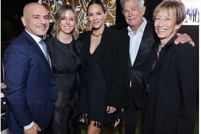 At the 15th Annual Bel Air Affaire in Beverly Hills, Drs. Eric and Melina Esrailian (far left) were presented with the Humanitarian Torch of Learning Award. The evening's surprise entertainment was singer and actress Katharine McPhee Foster (center), shown with her husband Grammy Award-winning writer and producer David Foster and AFHU Western region vice chair Patricia L. Glaser. Credit: Robert Lurie Photography.