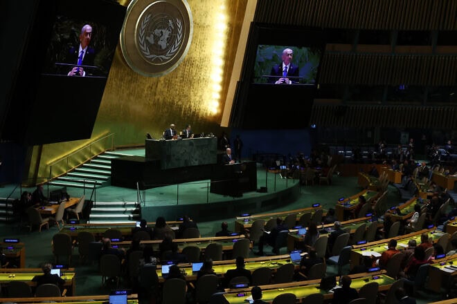 Israeli Prime Minister Benjamin Netanyahu speaks during the 79th Session of the U.N. General Assembly at the headquarters of the United Nations in New York City on Sept. 27, 2024. Photo by Spencer Platt/Getty Images.