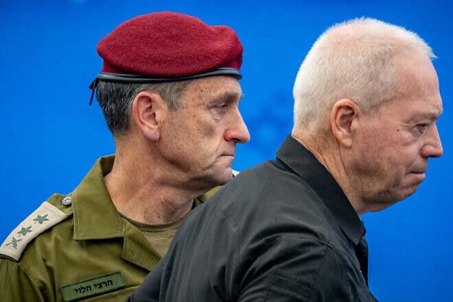 IDF Chief of Staff Lt. Gen. Herzi Halevi and Defense Minister Yoav Gallant at an event for outstanding soldiers as part of Israel's Independence Day celebrations at the President's Residence in Jerusalem, May 14, 2024. Photo by Yonatan Sindel/Flash90.