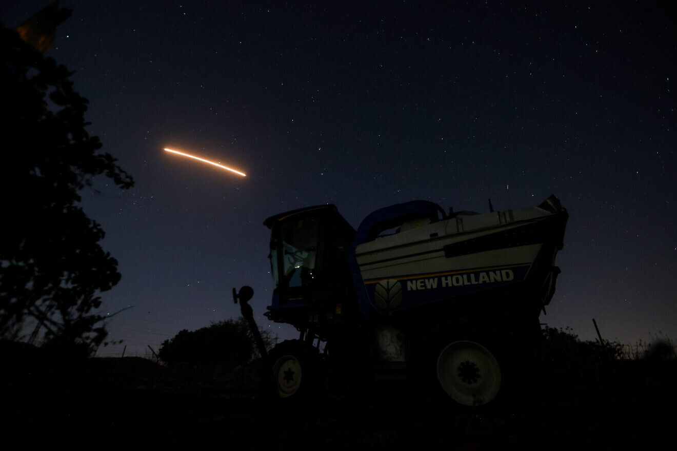 A long exposure picture shows Iron Dome firing interception on a drone fired from Lebanon in the Golan Heights, Aug. 5, 2024. Photo by Maor Kinsbursky/Flash90.