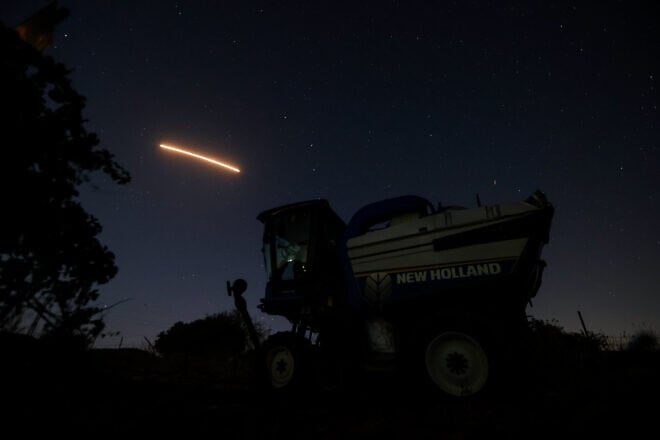 A long exposure picture shows Iron Dome firing interception on a drone fired from Lebanon in the Golan Heights, Aug. 5, 2024. Photo by Maor Kinsbursky/Flash90.
