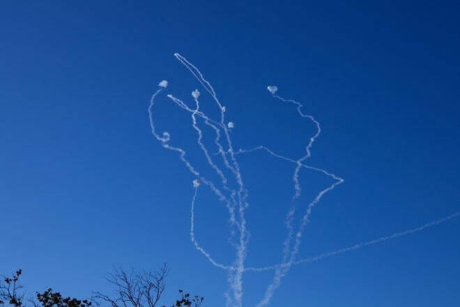 An Israeli anti-missile system intercept rockets fired from Lebanon, above the Naftali Mountains in northern Israel on Aug. 23, 2024. Photo by David Cohen/Flash90.