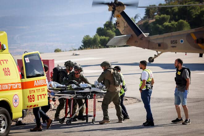 An Israeli who was seriously wounded when an anti-tank missile scored a direct hit in Kfar Yuval in the Galilee panhandle arrives at Ziv Medical Center in Safed, Sept. 1, 2024. Photo by David Cohen/Flahs90.