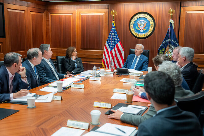 U.S. President Joe Biden, Vice President Kamala Harris and key advisers meet following the revelation over the weekend that Hamas terrorists killed six hostages, including a U.S. citizen, in the White House Situation Room, Washington, Sept. 2, 2024. Credit: White House.