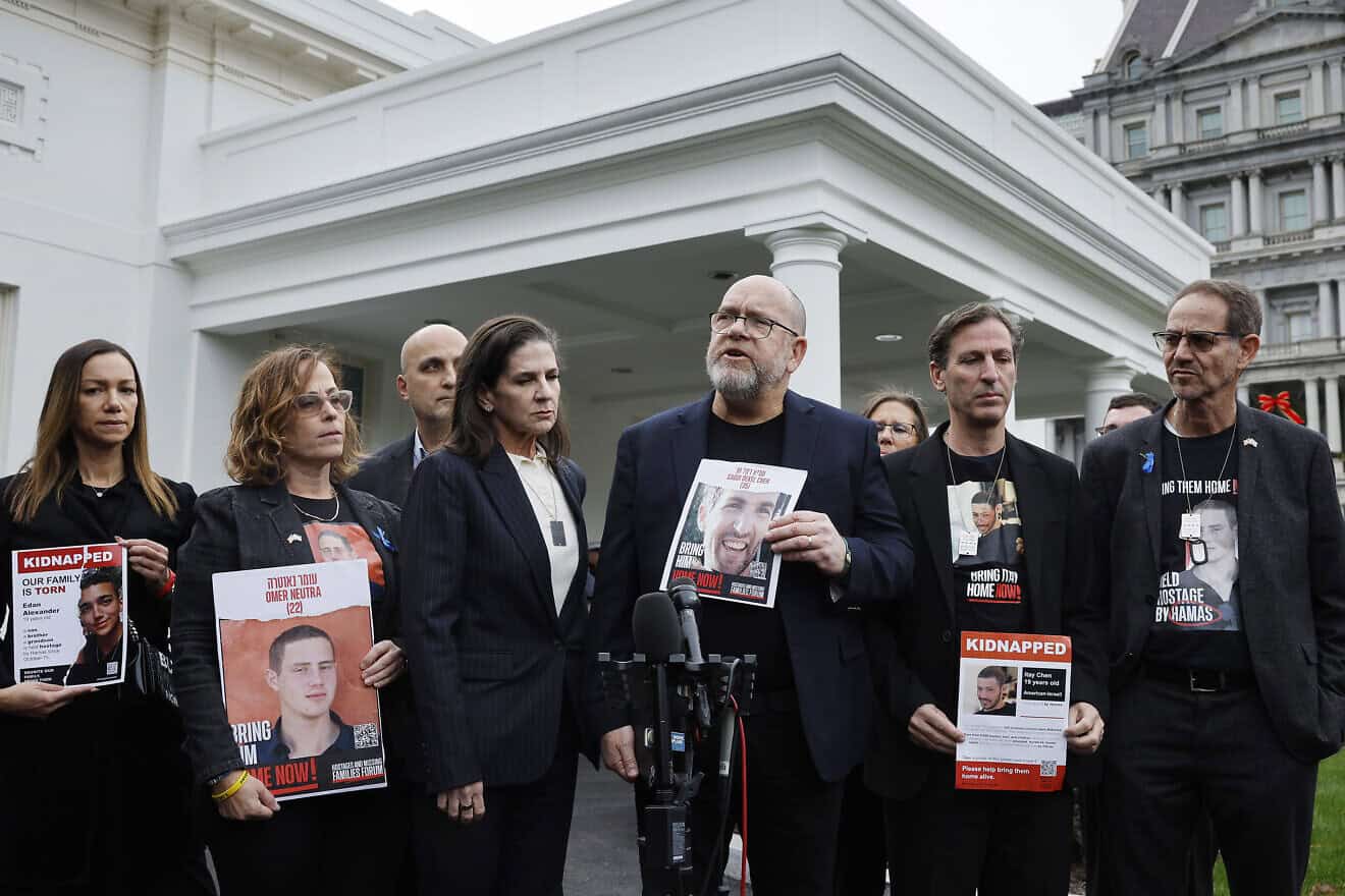 Family members of Americans who were taken hostage by Hamas during the terrorist attacks in Israel on Oct. 7, including (from left) Yael Alexander, Orna Neutra, Adi Alexander, Liz Naftali, Jonathan Dekel-Chen, Ruby Chen and Ronen Neutra, talk to reporters outside the West Wing of the White House on Dec. 13, 2023. Photo by Chip Somodevilla/Getty Images.