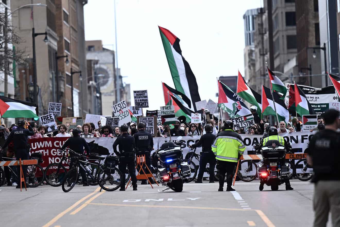 Pro-Palestinian demonstrators in Milwaukee on March 13, 2024. Photo by Brendan Smialowski/AFP via Getty images.