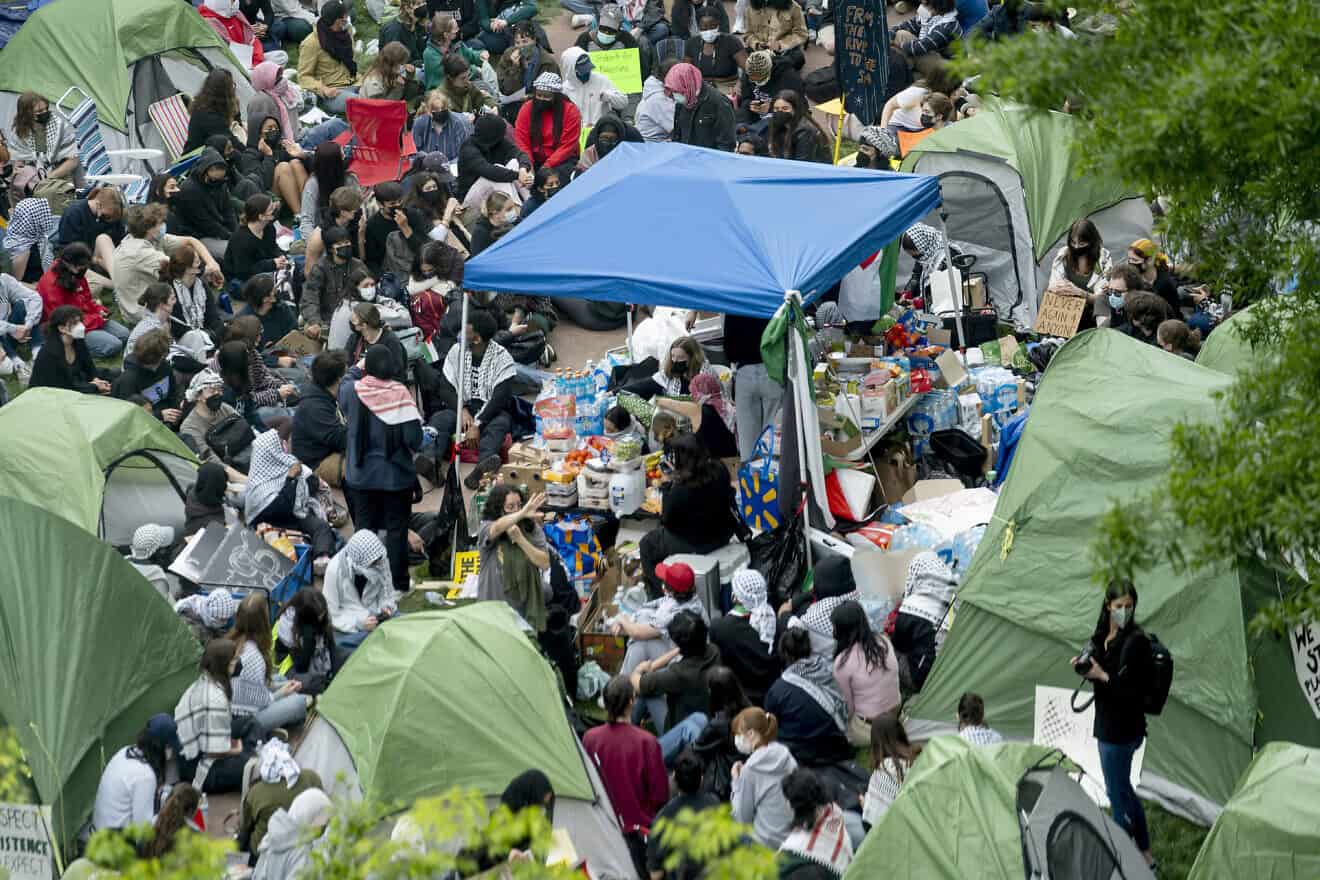 Activists with Students for Justice in Palestine participate in an encampment protest at the University Yard at George Washington University in Washington, D.C., on April 25, 2024. Photo by Anna Moneymaker/Getty Images.