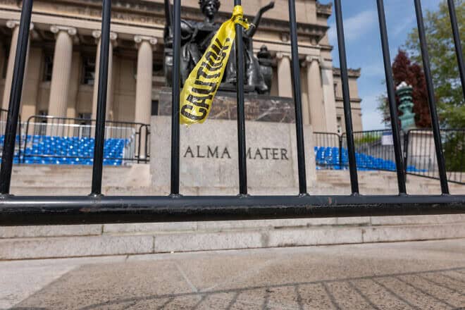 Seats for spring commencement exercises, which were cancelled, at the main campus of Columbia University in New York City, May 6, 2024. Photo by Spencer Platt/Getty Images.