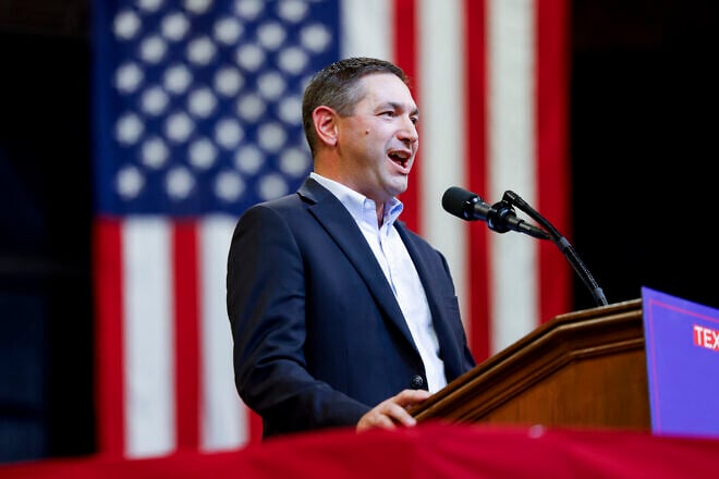 Montana Attorney General Austin Knudsen speaks during a rally for Republican presidential nominee, former U.S. President Donald Trump at the Brick Breeden Fieldhouse at Montana State University on Aug. 9, 2024 in Bozeman. Photo by Michael Ciaglo/Getty Images.