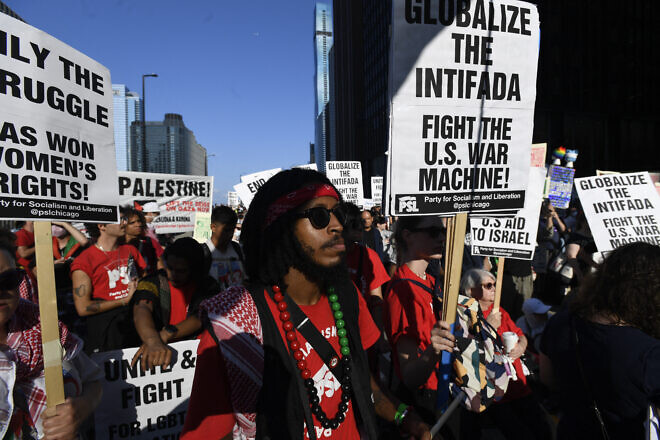 Anti-Israel protesters on the eve of the Democratic National Convention at the United Center in Chicago, Aug. 18, 2024. Photo by Matthew Hatcher/AFP via Getty Images.