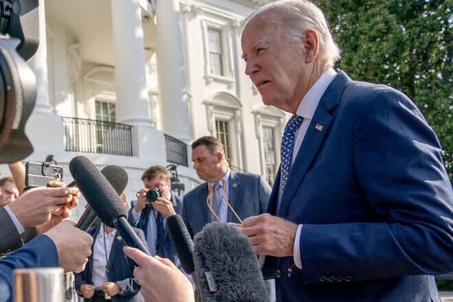 President Joe Biden speaks with reporters as he returns to the White House from a weekend trip to Delaware, Sept. 2, 2024. Photo by Nathan Howard/Getty Images.