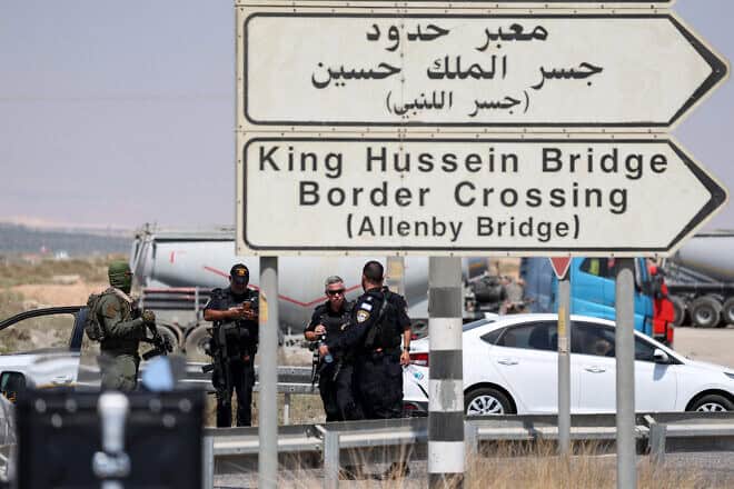 Police at the Allenby Bridge crossing on Sept. 8, 2024. Photo by Ahmad Gharabli/AFP via Getty Images.