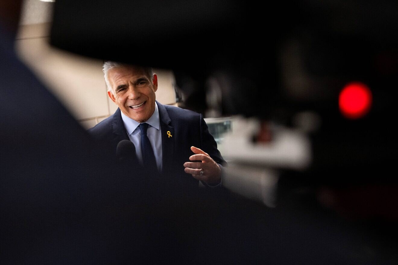 Israeli opposition leader Yair Lapid delivers a statement to the press following his meeting with U.S. Secretary of State Antony Blinken at the State Department in Washington, on Sept. 16, 2024. Photo by Roberto Schmidt/AFP via Getty Images.