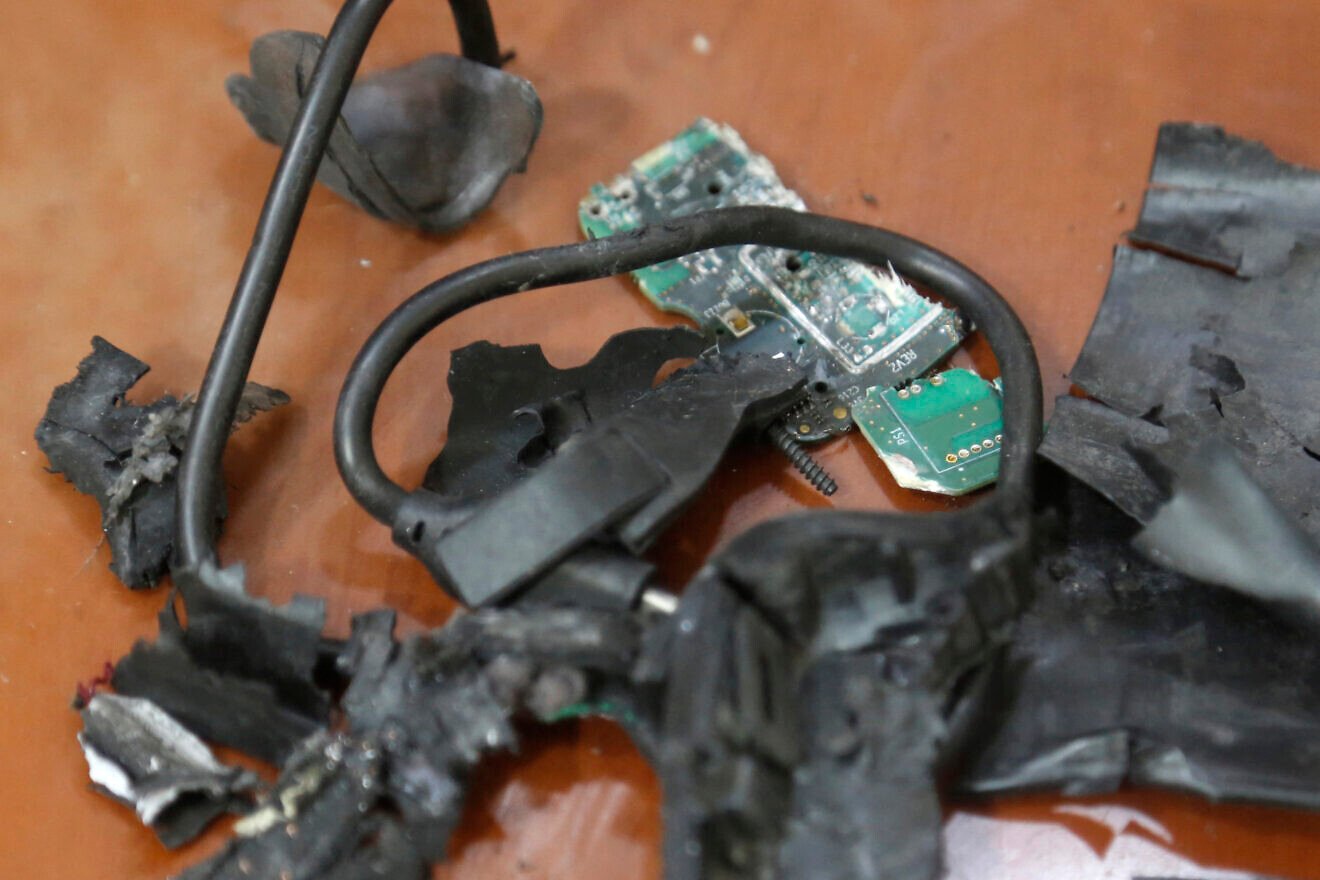 A photo taken on Sept. 18, 2024, in Beirut's southern suburbs shows the remains of exploded pagers on display at an undisclosed location. Photo by AFP via Getty Images.