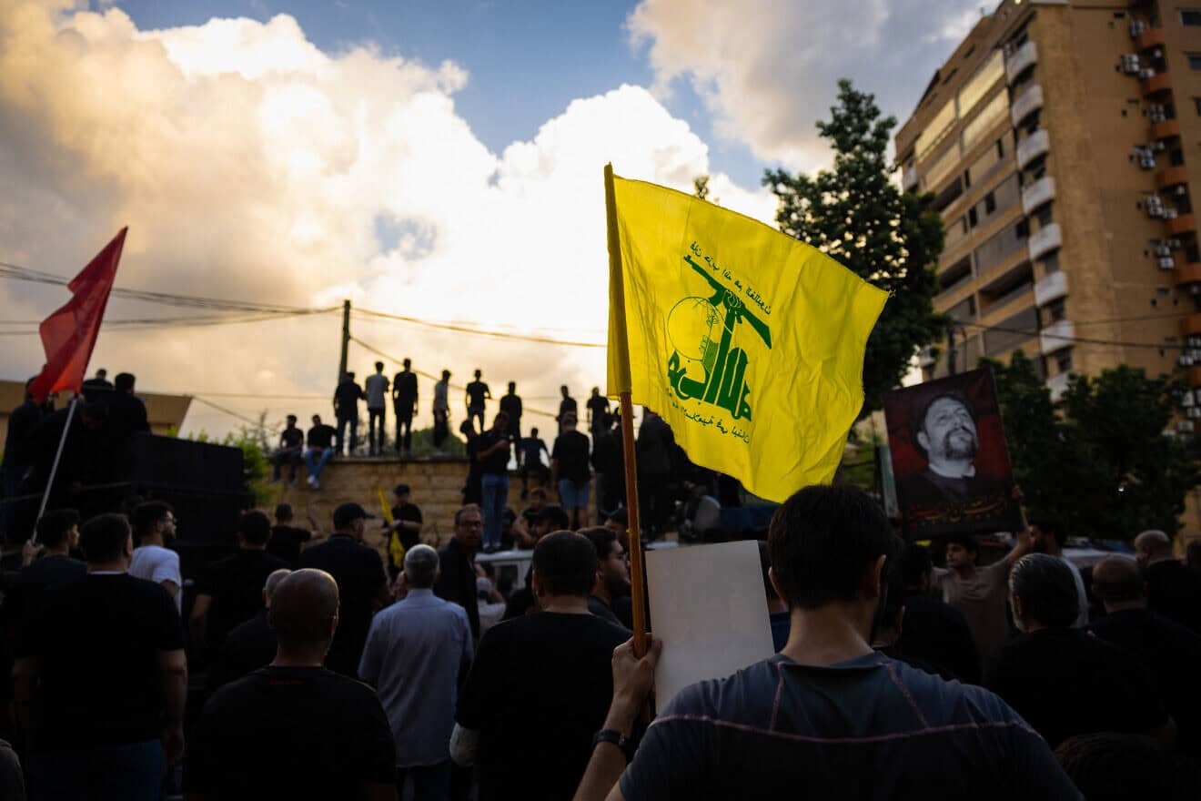 Hezbollah supporters attend the funeral of Ibrahim Aqil in Beirut's southern suburb of Dahiyeh, Sept. 22, 2024. Photo by Oliver Marsden/Middle East Images/AFP via Getty Images.