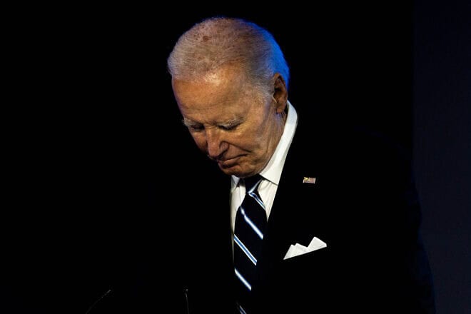 U.S. President Joe Biden becomes emotional as he accepts the Clinton Global Citizen Award at the Clinton Global Initiative (CGI)  in New York City on Sept. 23, 2024. Photo by Alex Kent/Getty Images.