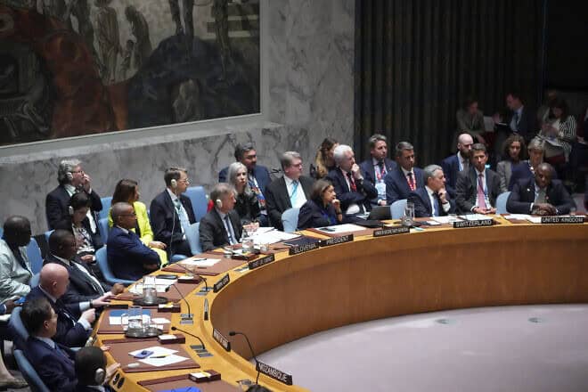 U.K. Foreign Minister David Lammy calls out Russian Ambassador the United Nations Vasily Nebenzya (L) for being on his phone while he speaks at a U.N. Security Council meeting on the conflict between Ukraine and Russia at the United Nations headquarters in New York City on Sept. 24, 2024. Photo by Bryan R. Smith/AFP via Getty Images.