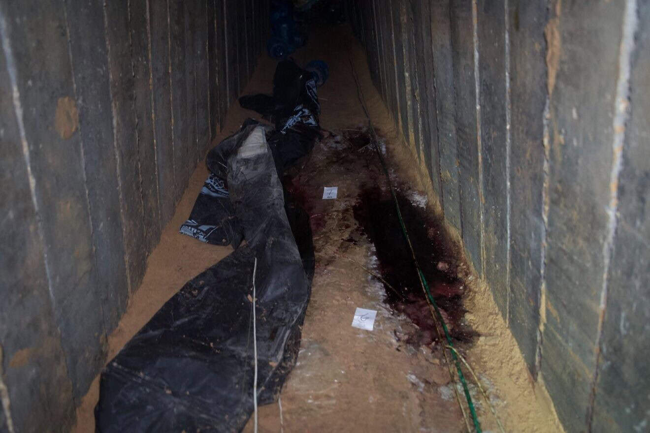 Blood stains in the tunnel in Rafah, southern Gaza, where the bodies of six murdered hostages were found by Israeli forces on Aug. 31, 2024. Credit: IDF.